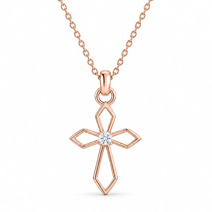 0.08 CT Diamond Cross Pendant Necklace Rose Gold