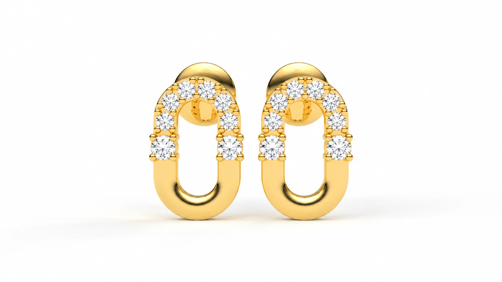 0.20 CTW Diamond Oval Link Stud Earrings Yellow Gold Front View