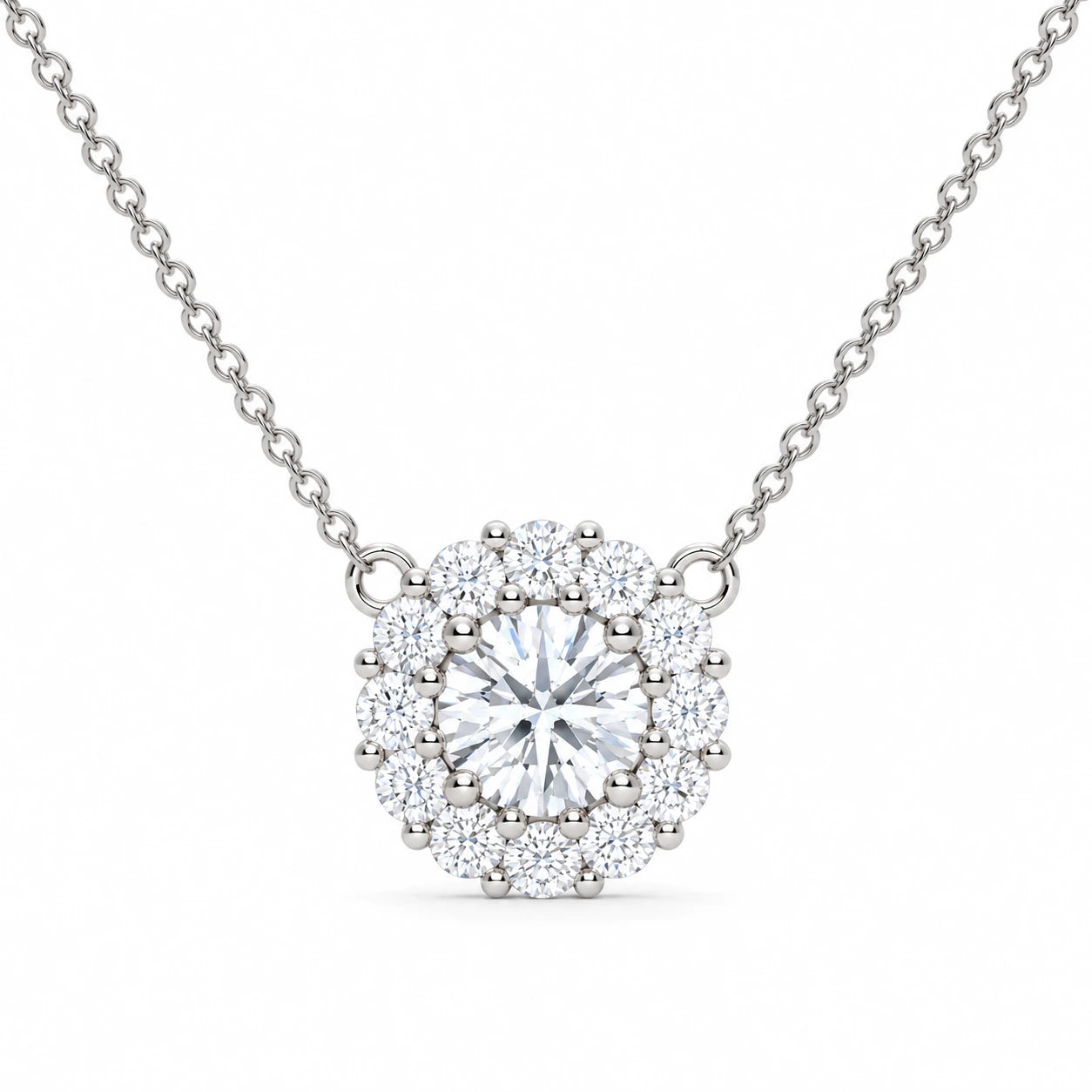 0.30 CT Diamond Halo Cluster Pendant Necklace - White Gold - Front View