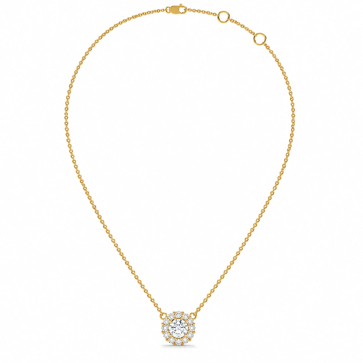 0.30 CT Diamond Halo Cluster Pendant Necklace - Yellow Gold - Full View