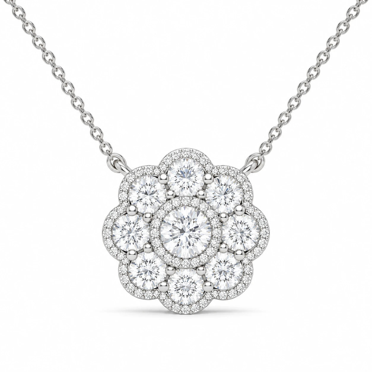 0.33 CT Diamond Cluster Flower Pendant Necklace – White Gold – Front View
