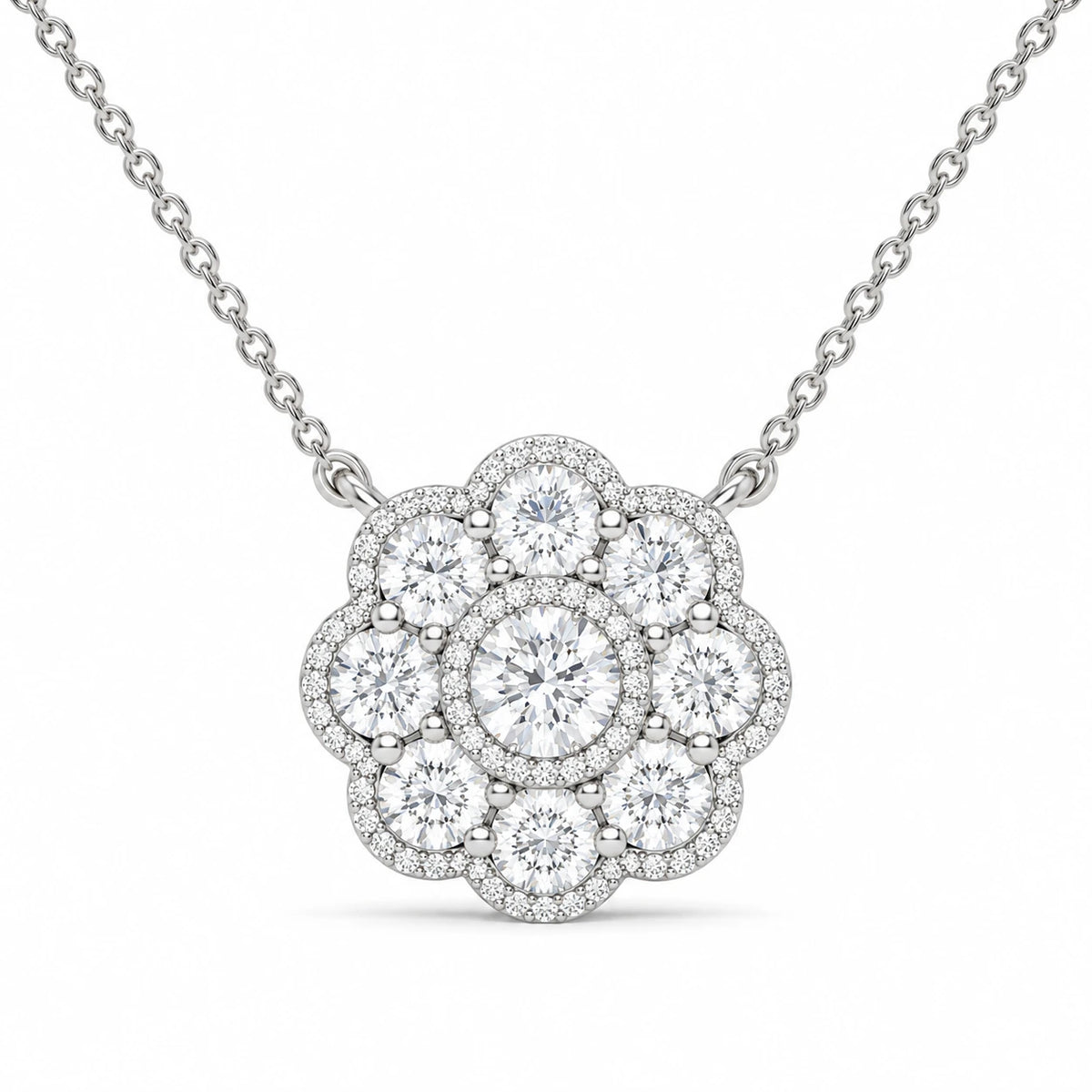 0.33 CT Diamond Cluster Flower Pendant Necklace – White Gold – Front View