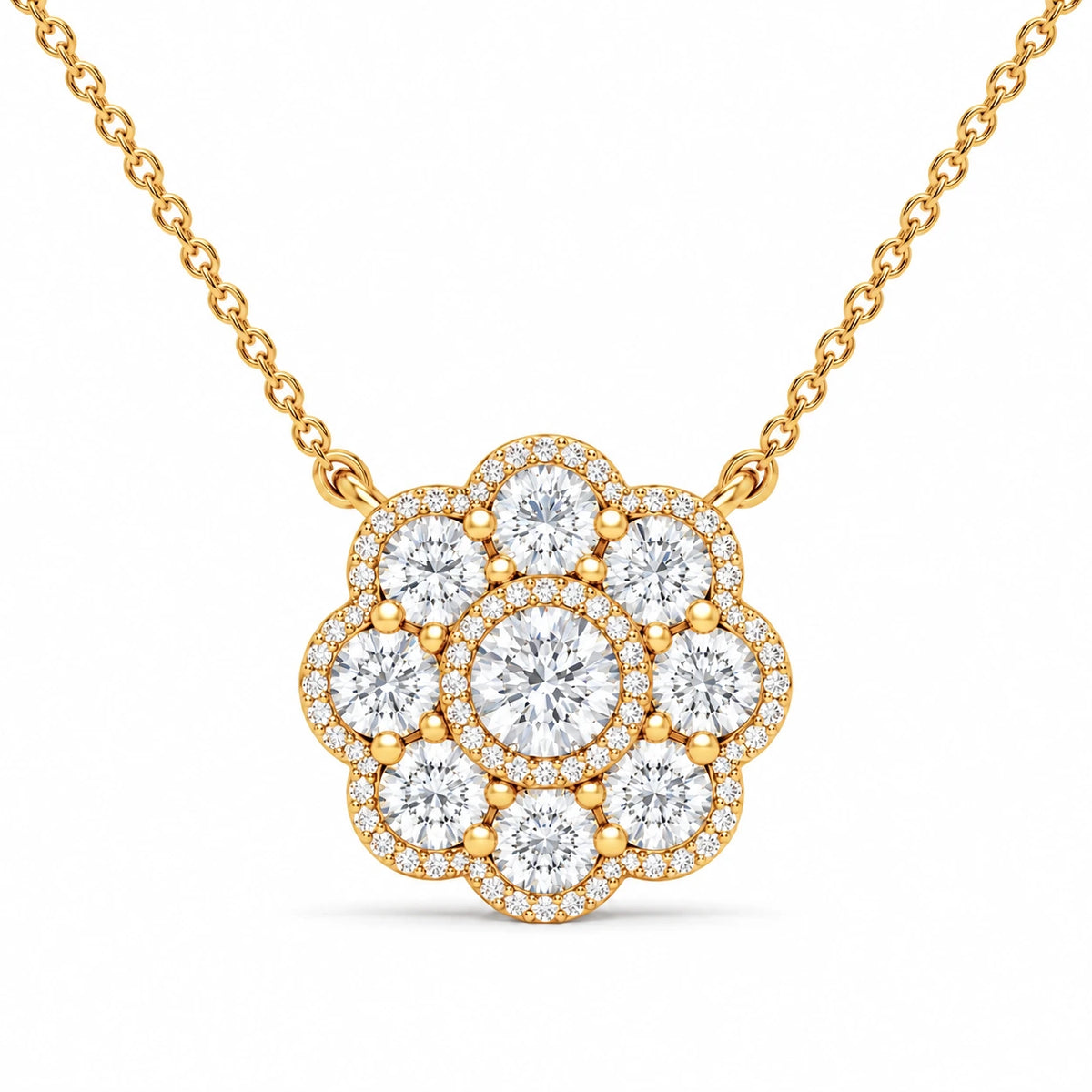0.33 CT Diamond Cluster Flower Pendant Necklace – Yellow Gold – Front View