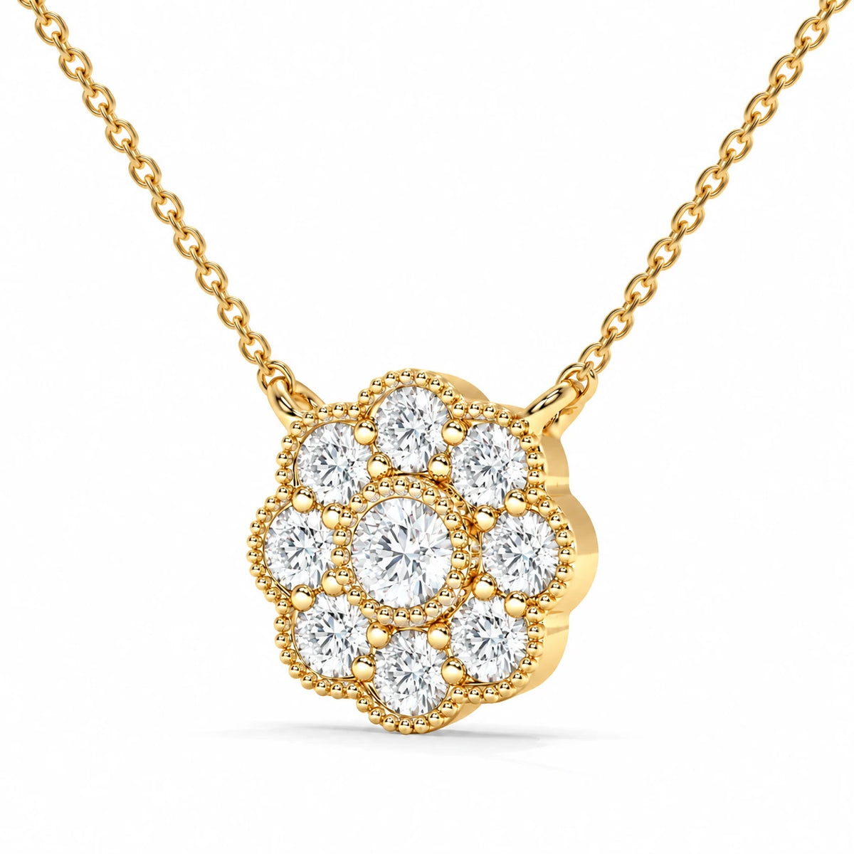 0.33 CT Diamond Cluster Flower Pendant Necklace – Yellow Gold – Side Angle
