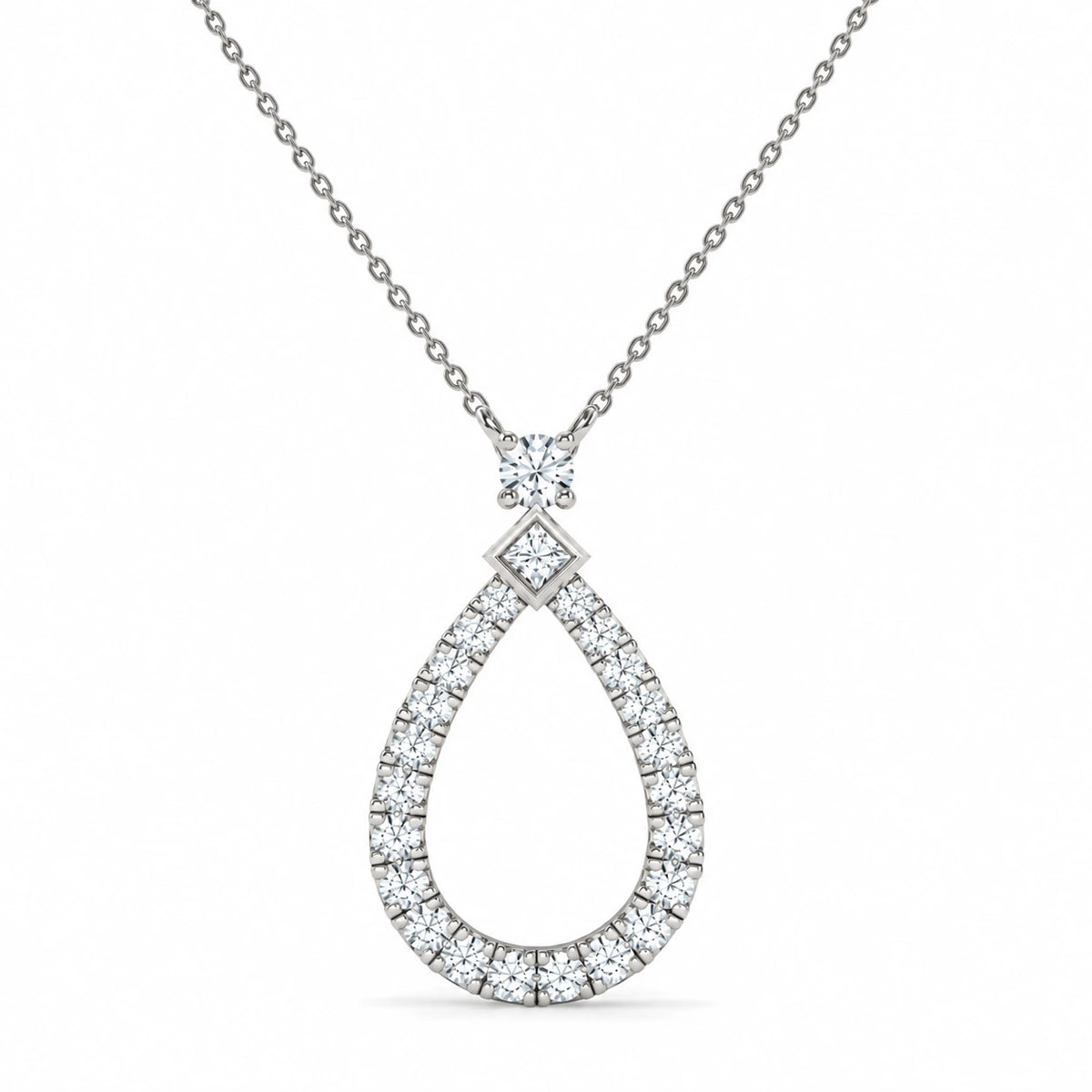 0.49 CTW Pear Halo Pendant Necklace - White Gold - Front View