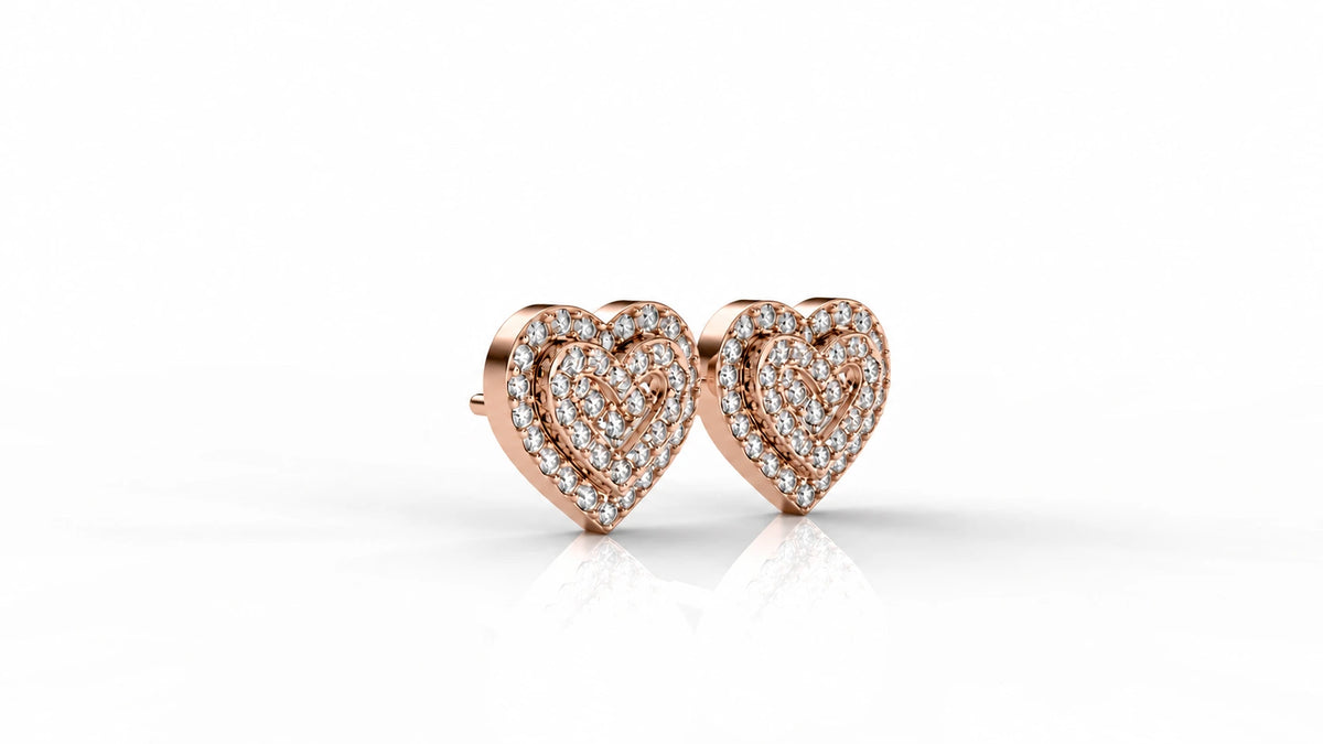 0.76 CTW Double Heart Diamond Stud Earrings pink gold angled view