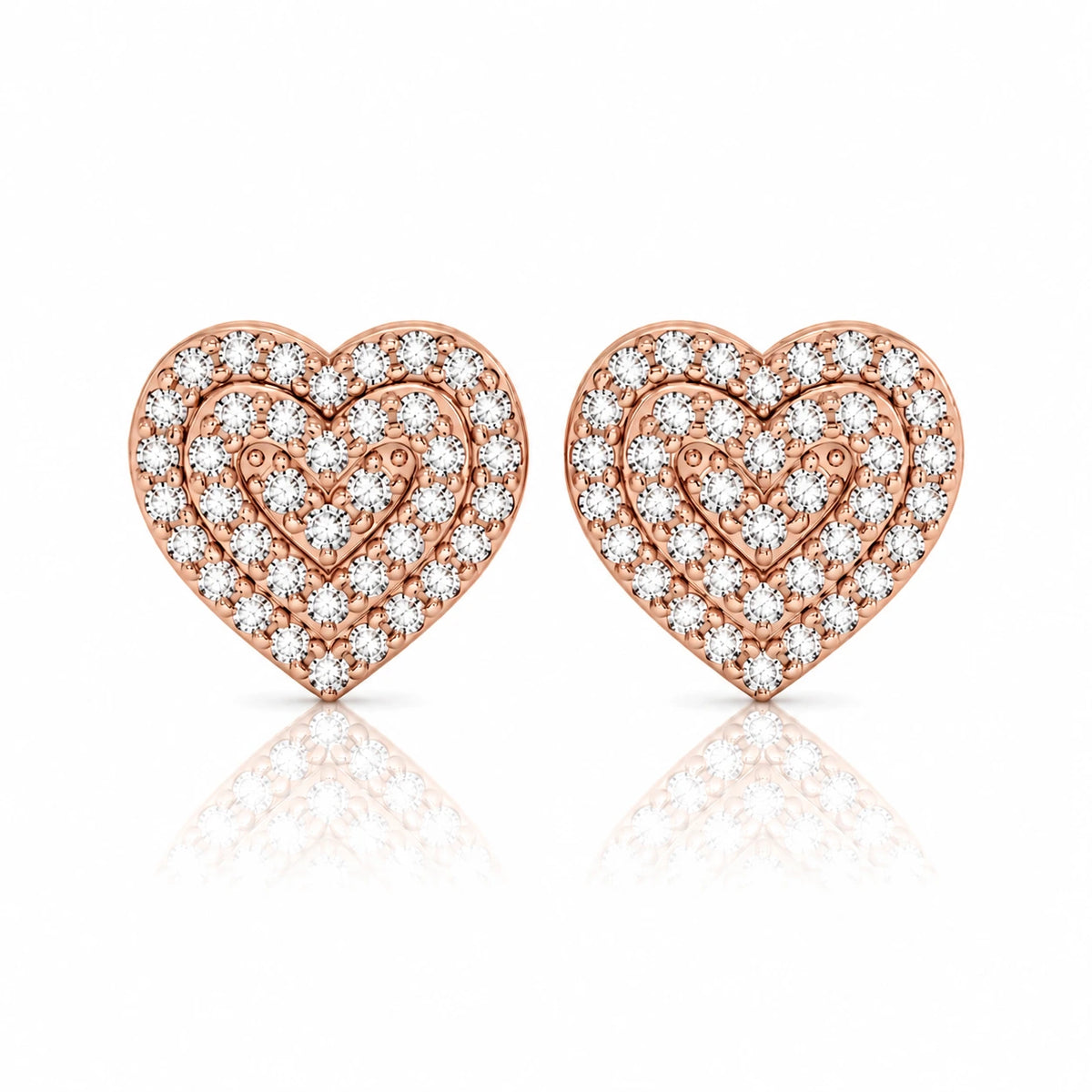 0.76 CTW Double Heart Diamond Stud Earrings pink gold front view
