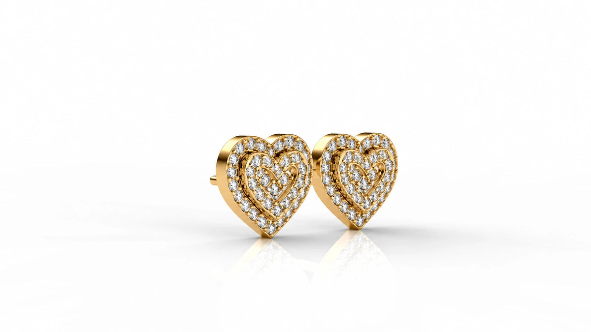 0.76 CTW Double Heart Diamond Stud Earrings yellow gold angled view