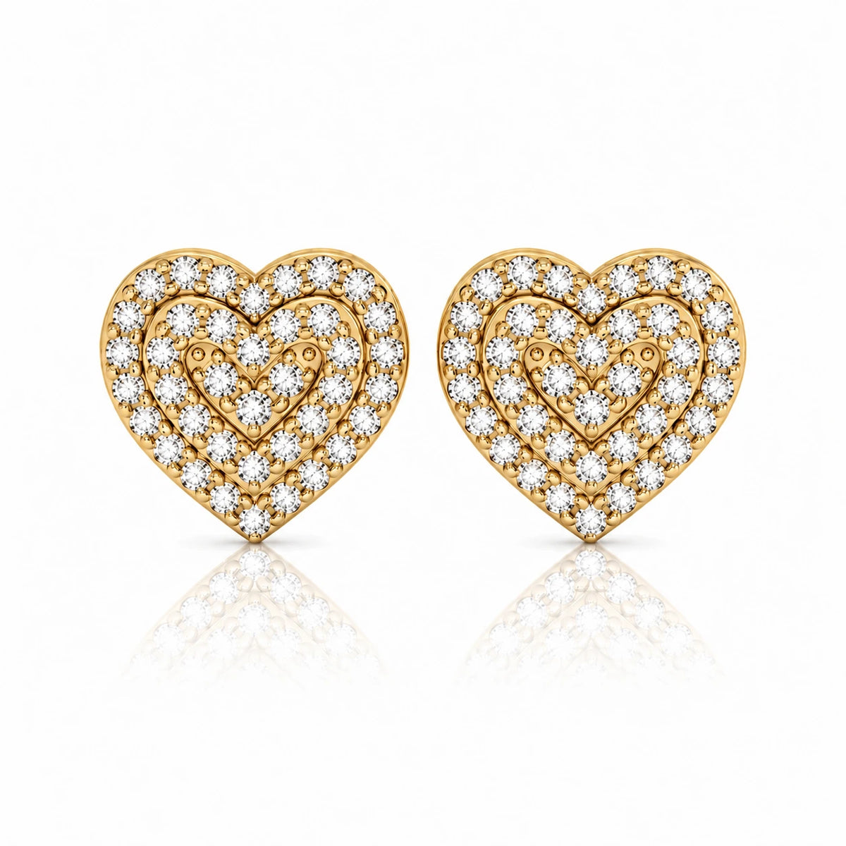 0.76 CTW Double Heart Diamond Stud Earrings yellow gold front view