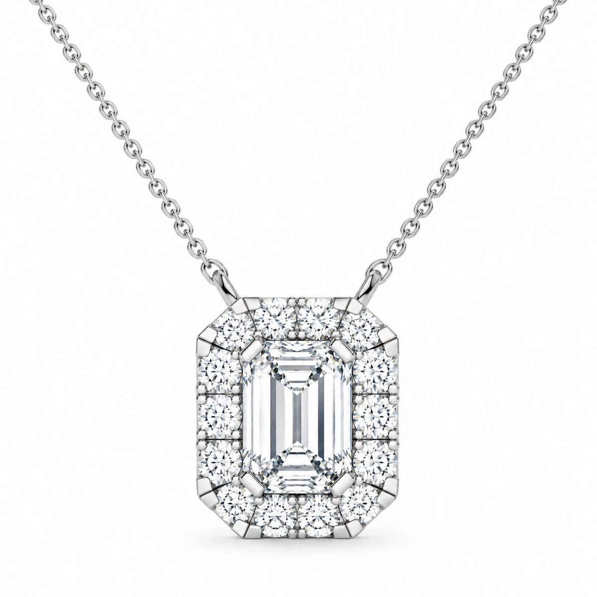 0.97 CTW Emerald Halo Diamond Pendant Necklace Rose White Half Chain