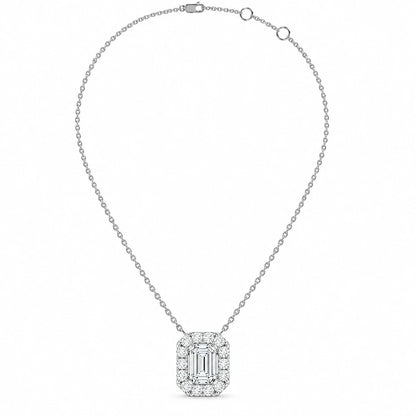 0.97 CTW Emerald Halo Diamond Pendant Necklace White Gold Full Chain