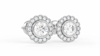 1.32 CTW Round Diamond Double Halo Stud Earrings - White Gold - Angled View