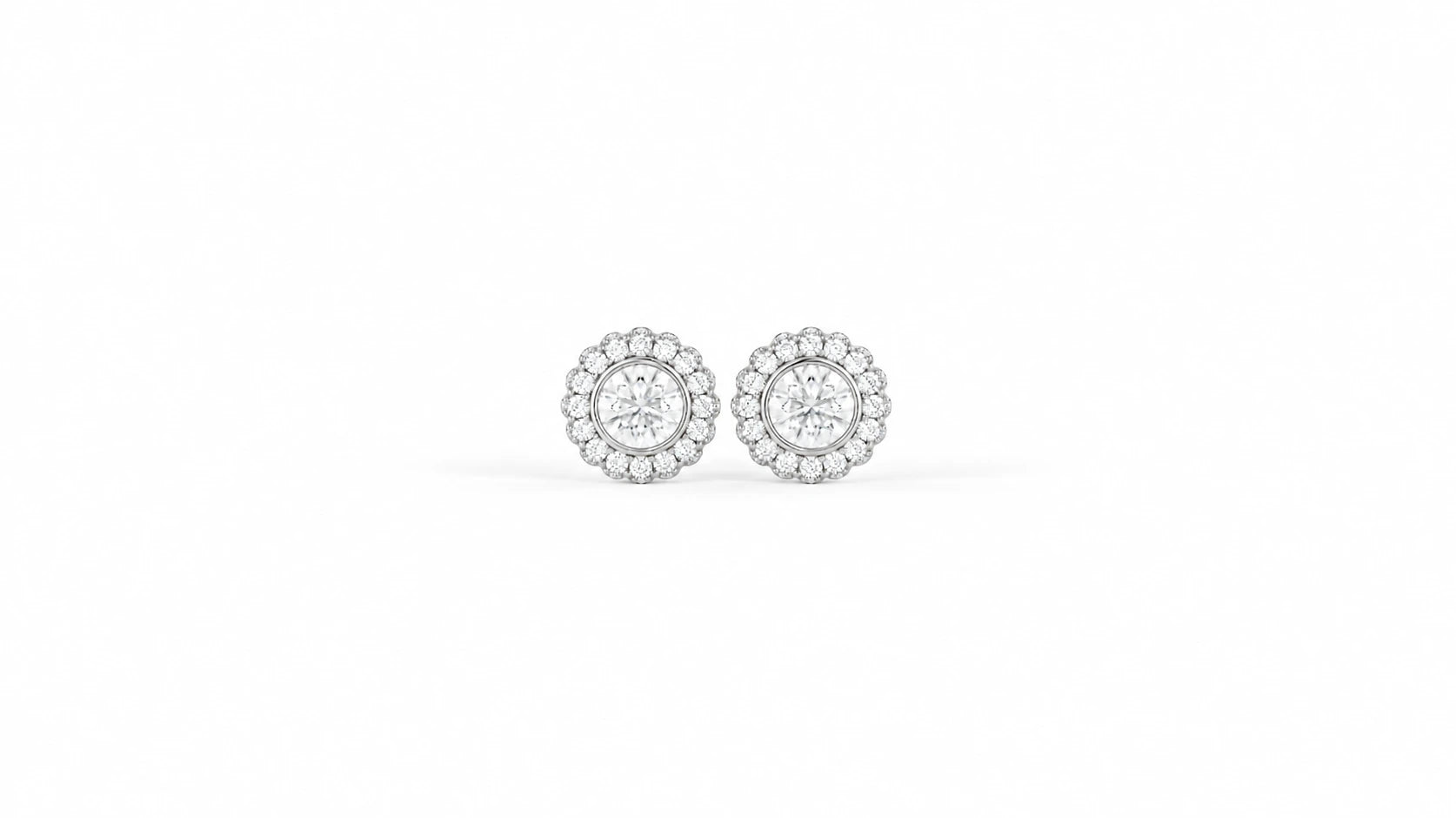 1.32 CTW Round Diamond Double Halo Stud Earrings - White Gold - Front View