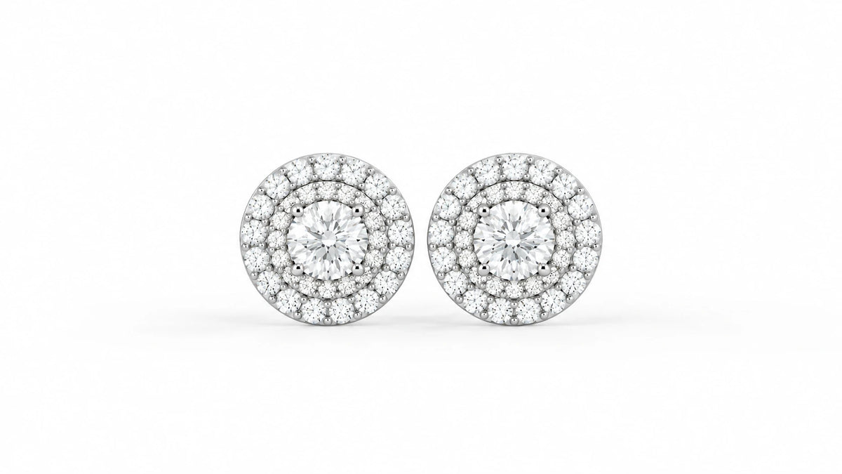 1.32 CTW Round Diamond Triple Halo Stud Earrings - White Gold - Front View