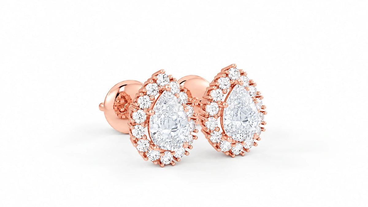 1.42 CTW Pear-Shaped Diamond Halo Stud Earrings - Rose Gold - Angled View