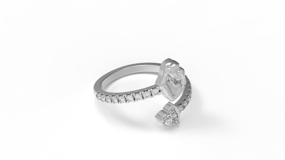 Silver ring with mother holding her daughter and with a diamond heart design GLAM NYC
