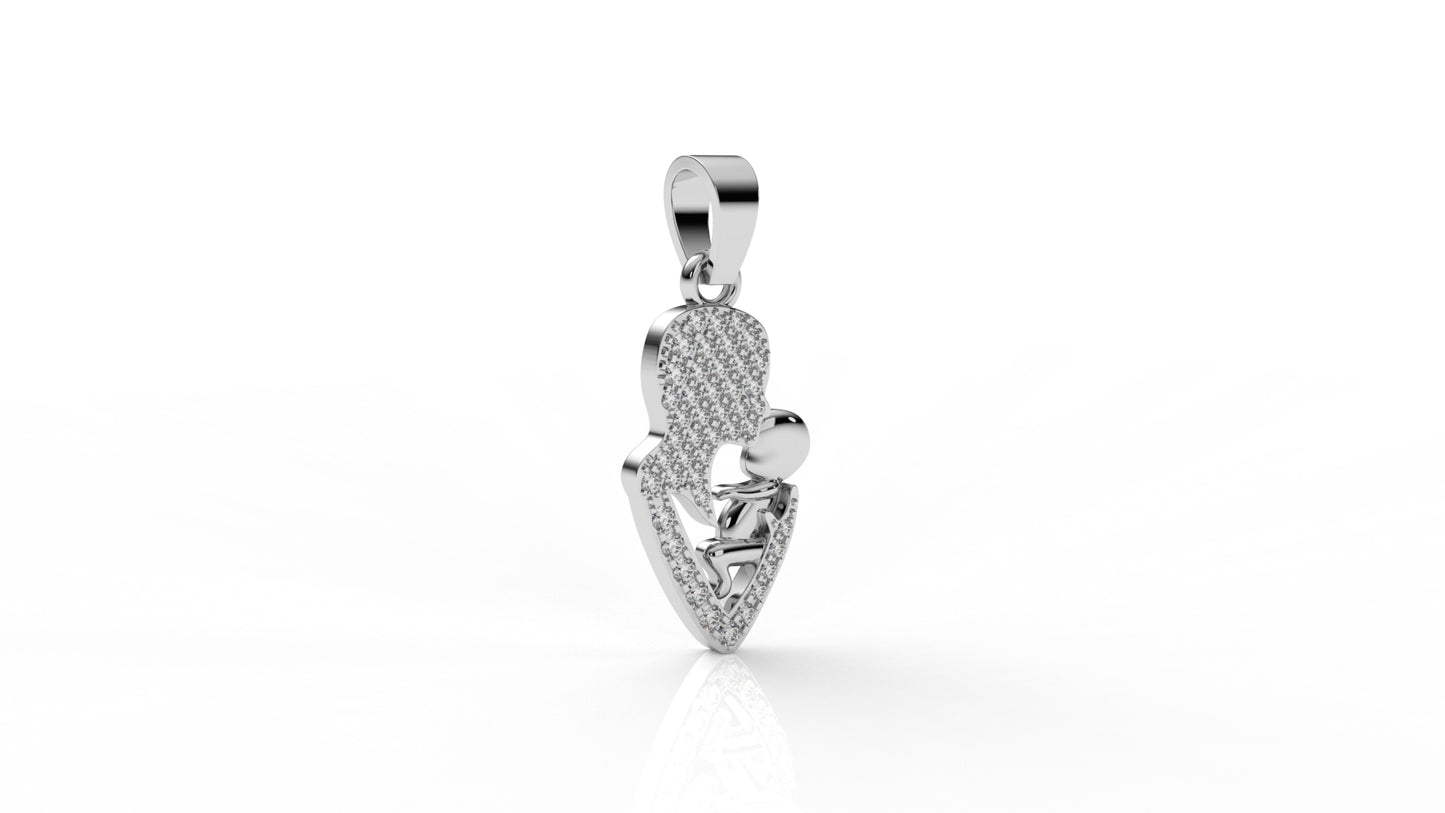 Silver and diamond pendant of mom kissing her child GLAM NYC