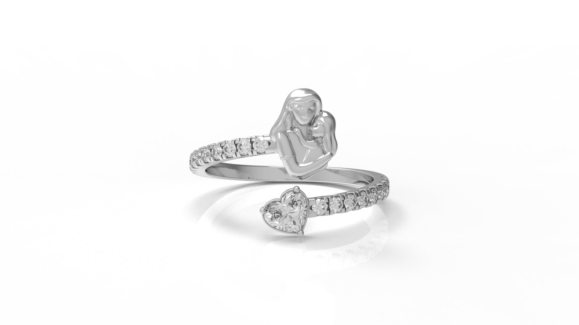 Silver ring with mother holding her daughter and with a diamond heart design GLAM NYC