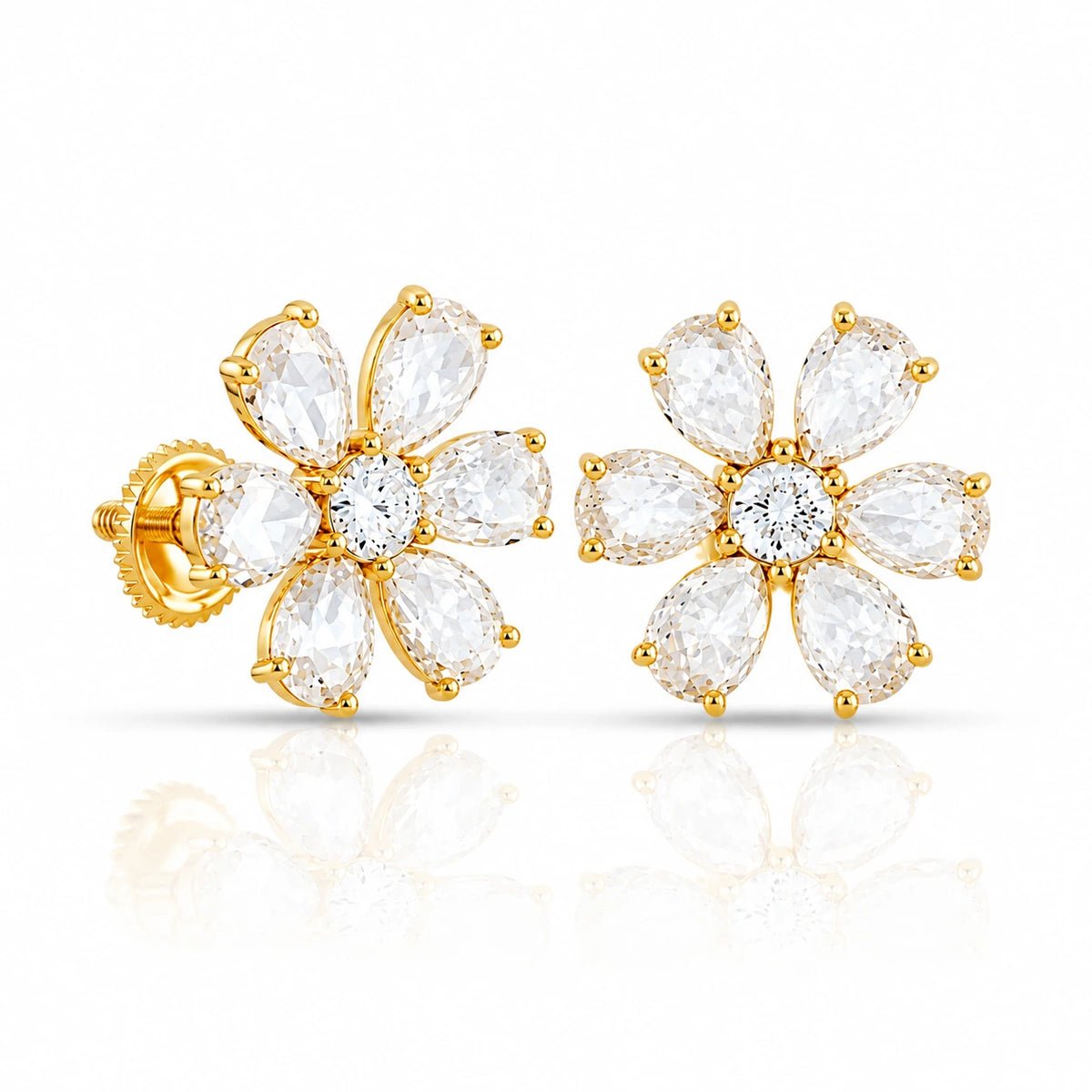 2.35 CTW Diamond Flower Stud Earrings yellow gold back view