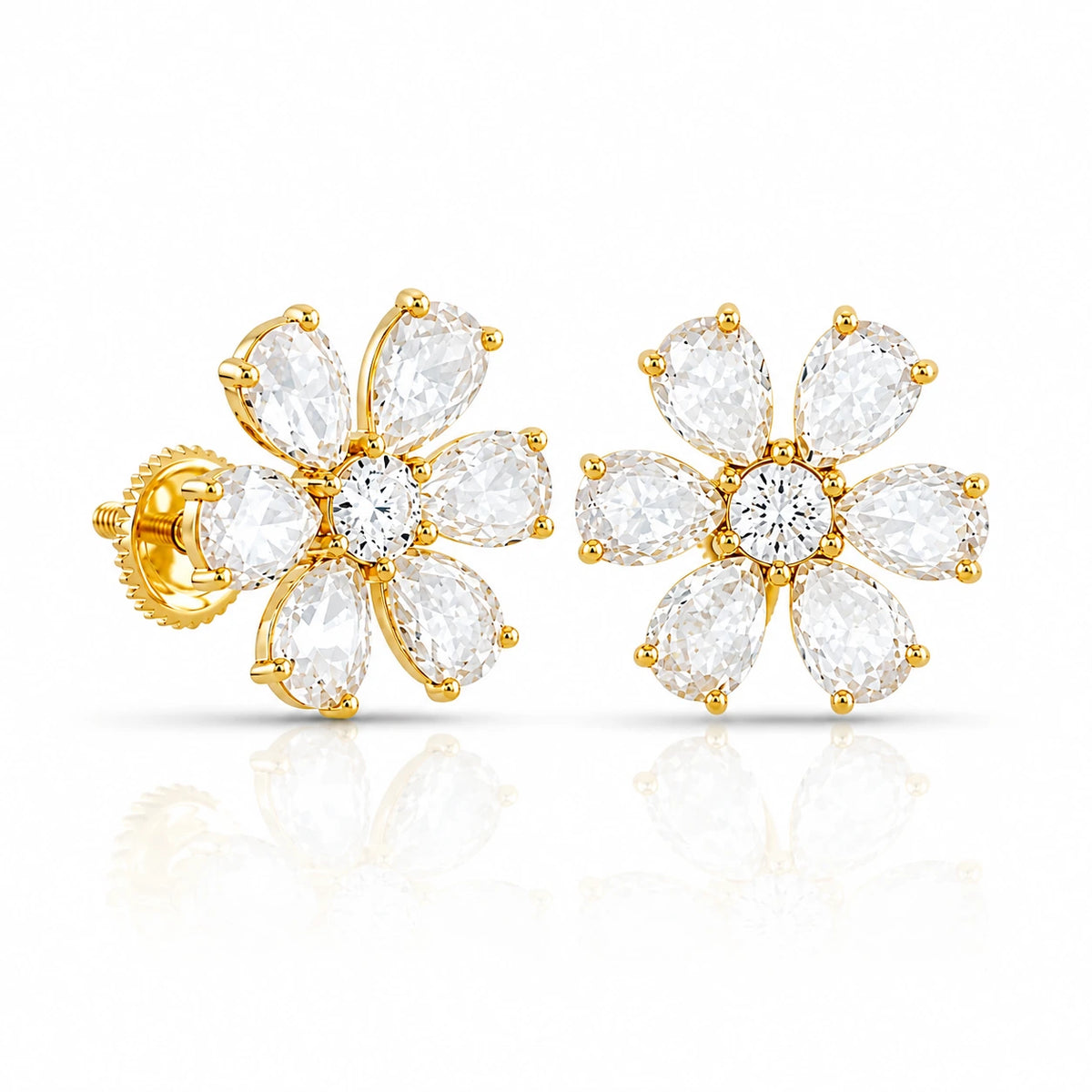 2.35 CTW Diamond Flower Stud Earrings yellow gold front view