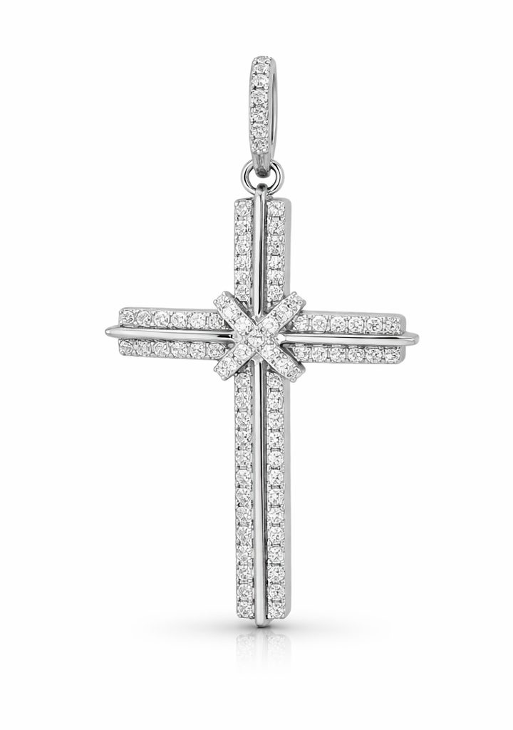 Starburst Double-Row Diamond Cross Pendant – Sterling Silver