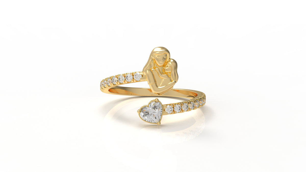 Gold ring with mother holding her daughter and with a diamond heart design GLAM NYC