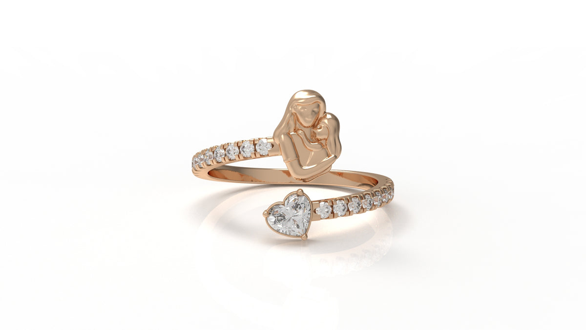 Rose gold ring with mother holding her daughter and with a diamond heart design GLAM NYC