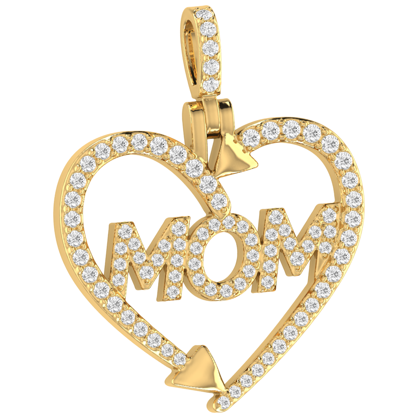 Heart shaped gold pendant with 'MOM' in the center GLAM NYC