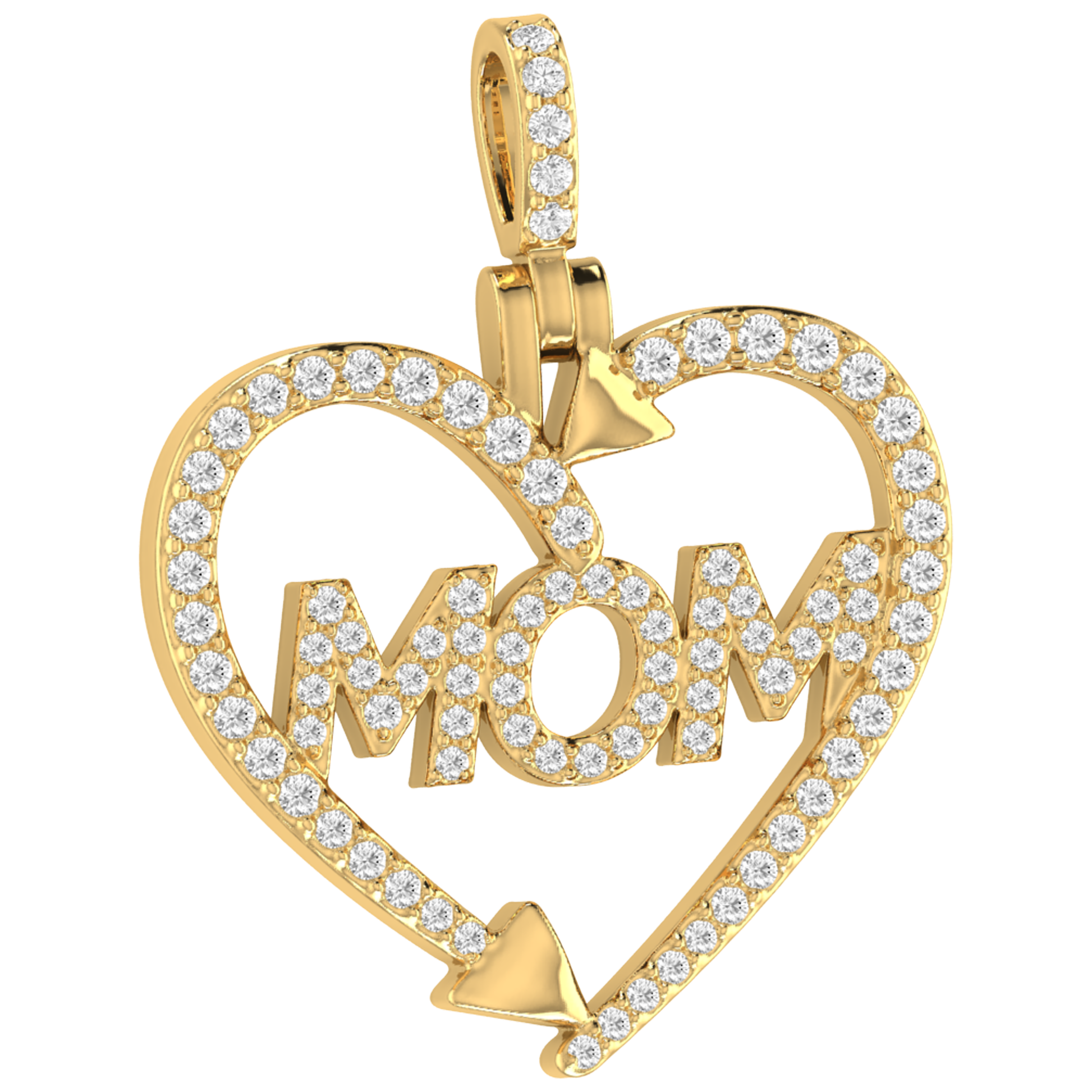 Heart shaped gold pendant with 'MOM' in the center GLAM NYC