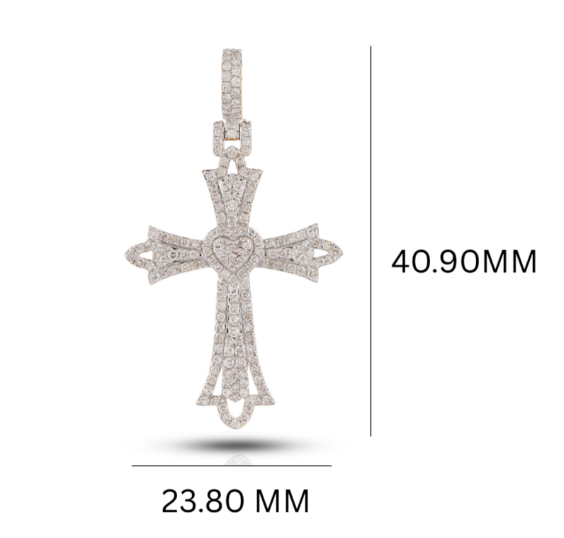 Ornate Heart-Center Diamond Cross Pendant – Sterling Silver