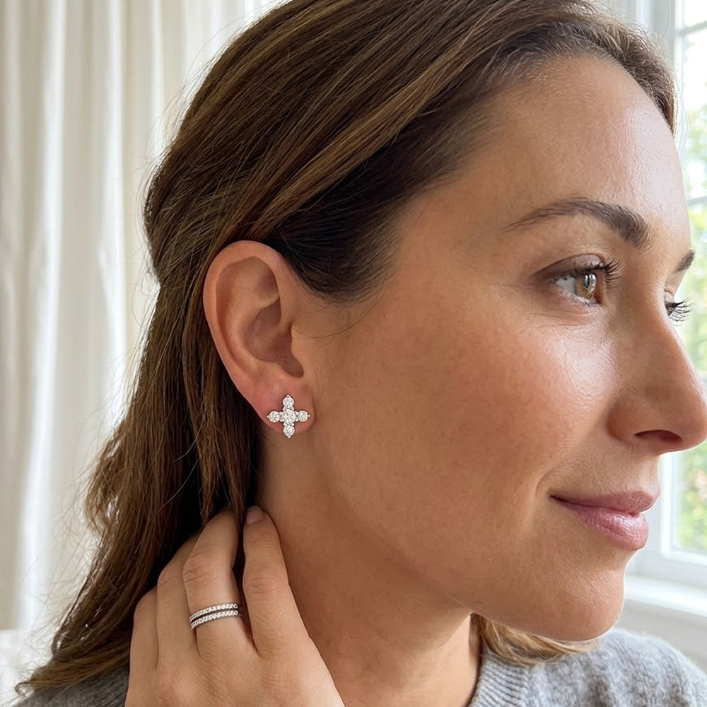 Classic Diamond Cluster Cross Stud Earrings