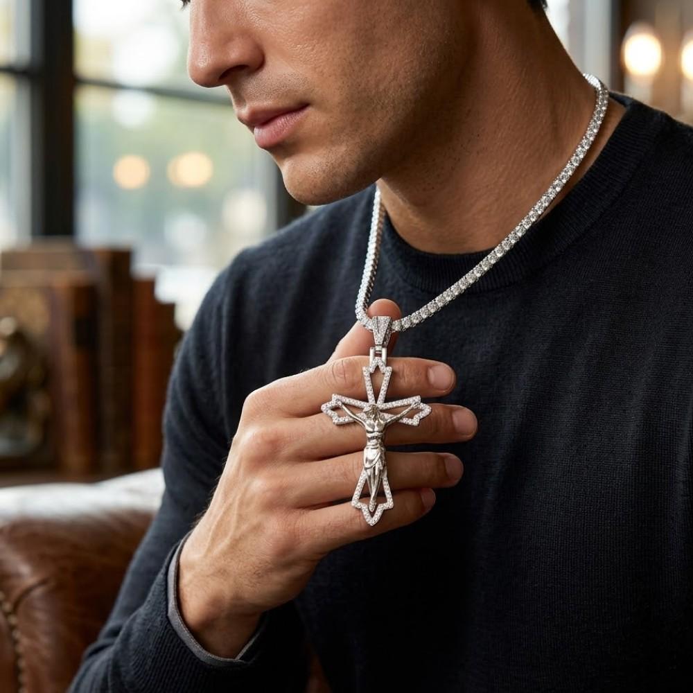 Crucifix Jesus Diamond Cross Pendant – Sterling Silver