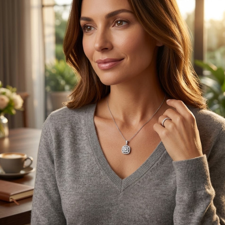 Diamond Cushion Framed Pendant + Necklace