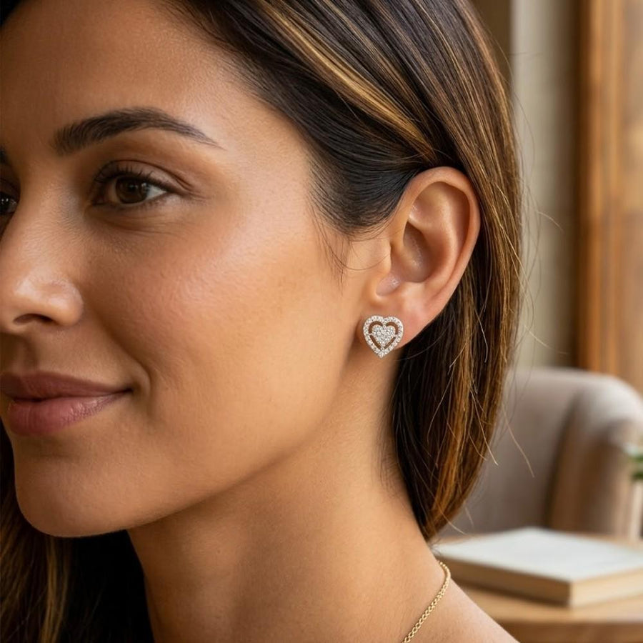 Double Heart Halo Lab-Grown Diamond Stud Earrings (Sterling Silver)