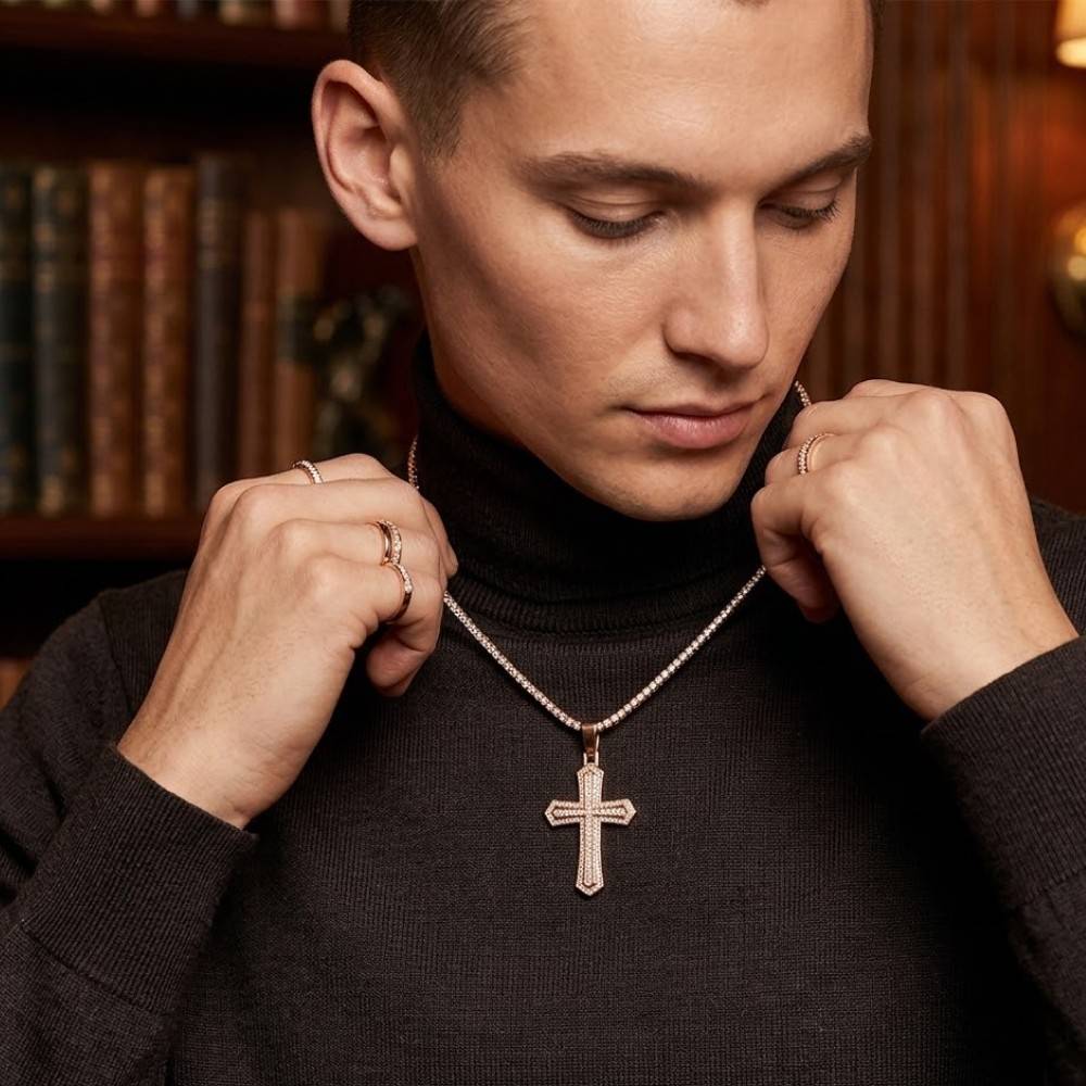 Double Row Iced Cross Pendant – Micro Pave Sterling Silver