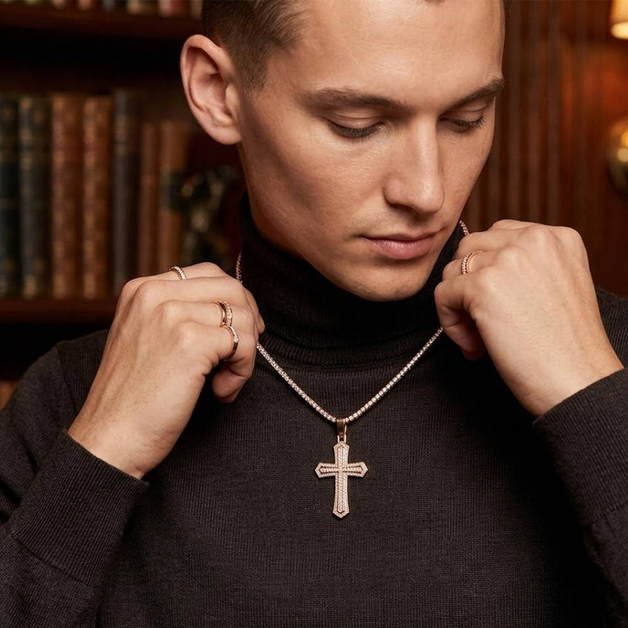 Double Row Iced Cross Pendant – Micro Pave Sterling Silver