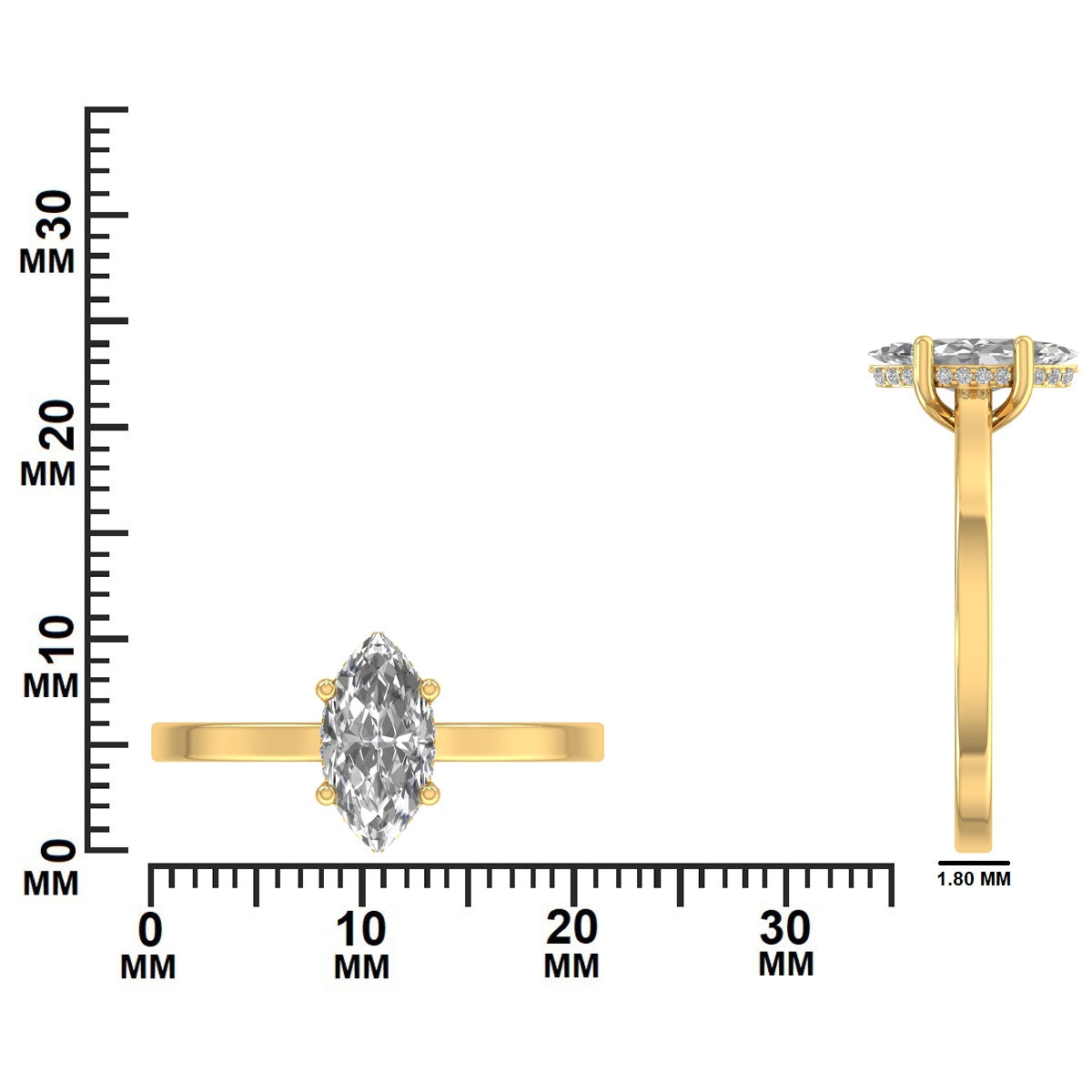Gold ring with a marquise-shaped diamond dimensions GLAM NYC