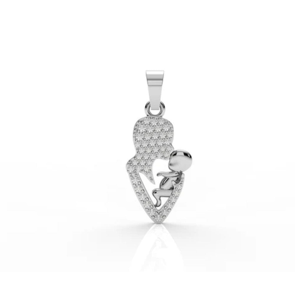 Iced Mother & Child Heart Pendant – 0.26 CT Diamond Accent | Sterling Silver