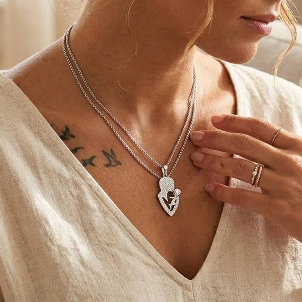 Iced Mother & Child Heart Pendant – 0.26 CT Diamond Accent | Sterling Silver