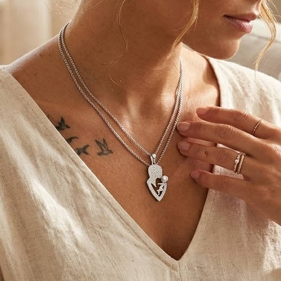 Iced Mother & Child Heart Pendant – 0.26 CT Diamond Accent | Sterling Silver