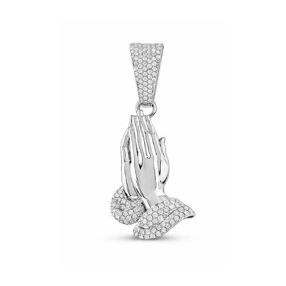 Iced Praying Hands Pendant – 0.90CT Lab Diamond Charm (Solid Silver, 3 Finishes)