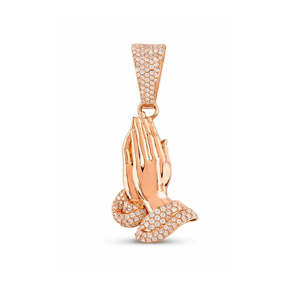 Iced Praying Hands Pendant – 0.90CT Lab Diamond Charm (Solid Silver, 3 Finishes)
