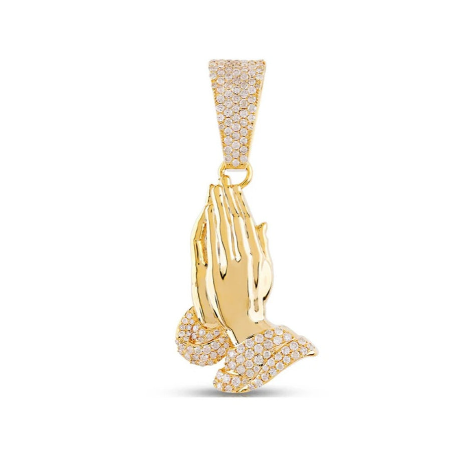 Iced Praying Hands Pendant – 0.90CT Lab Diamond Charm (Solid Silver, 3 Finishes)