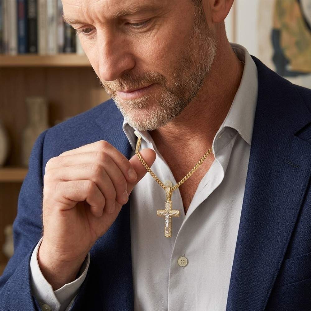 Micro Pavé Jesus Diamond Cross Pendant – Sterling Silver