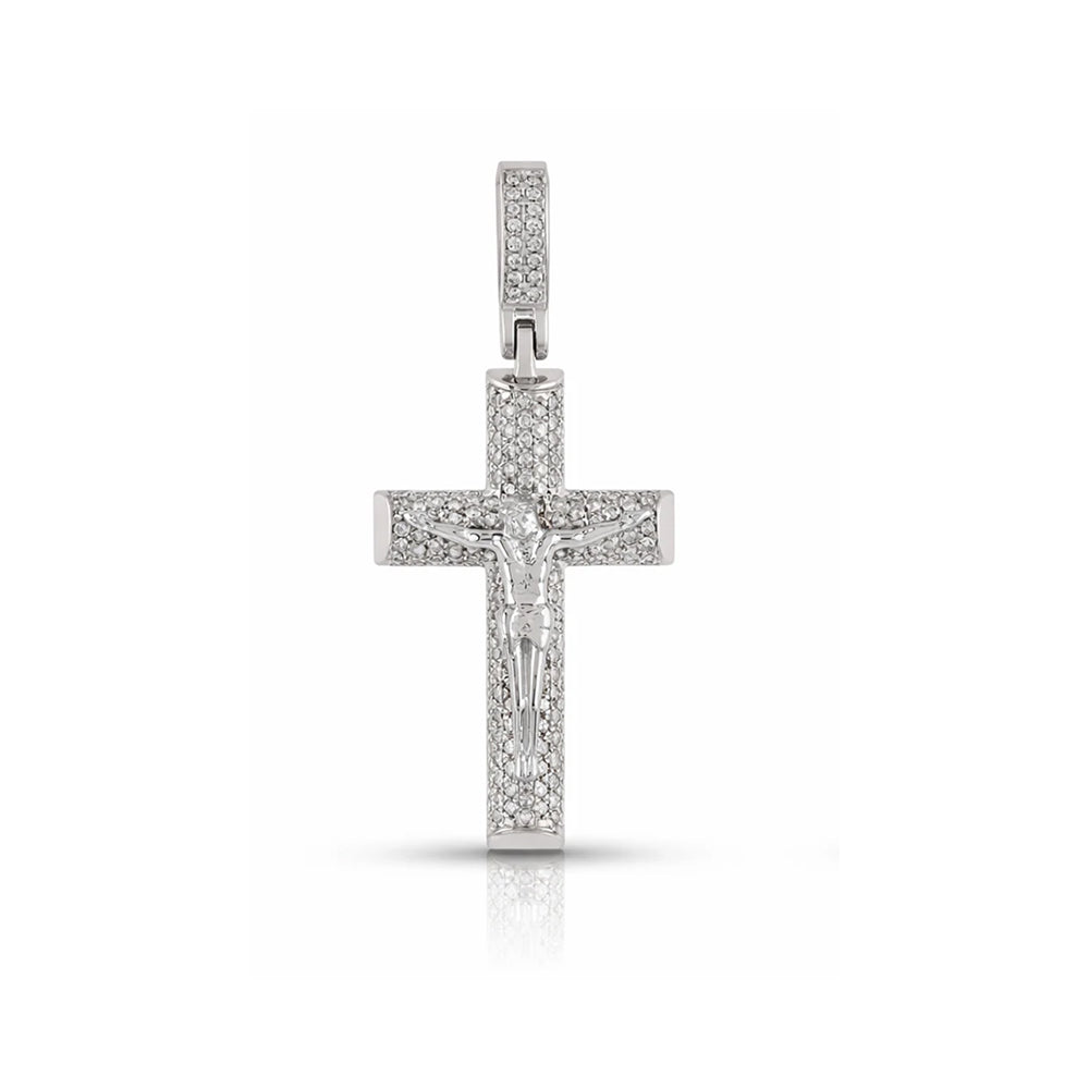 Micro Pavé Jesus Diamond Cross Pendant – Sterling Silver