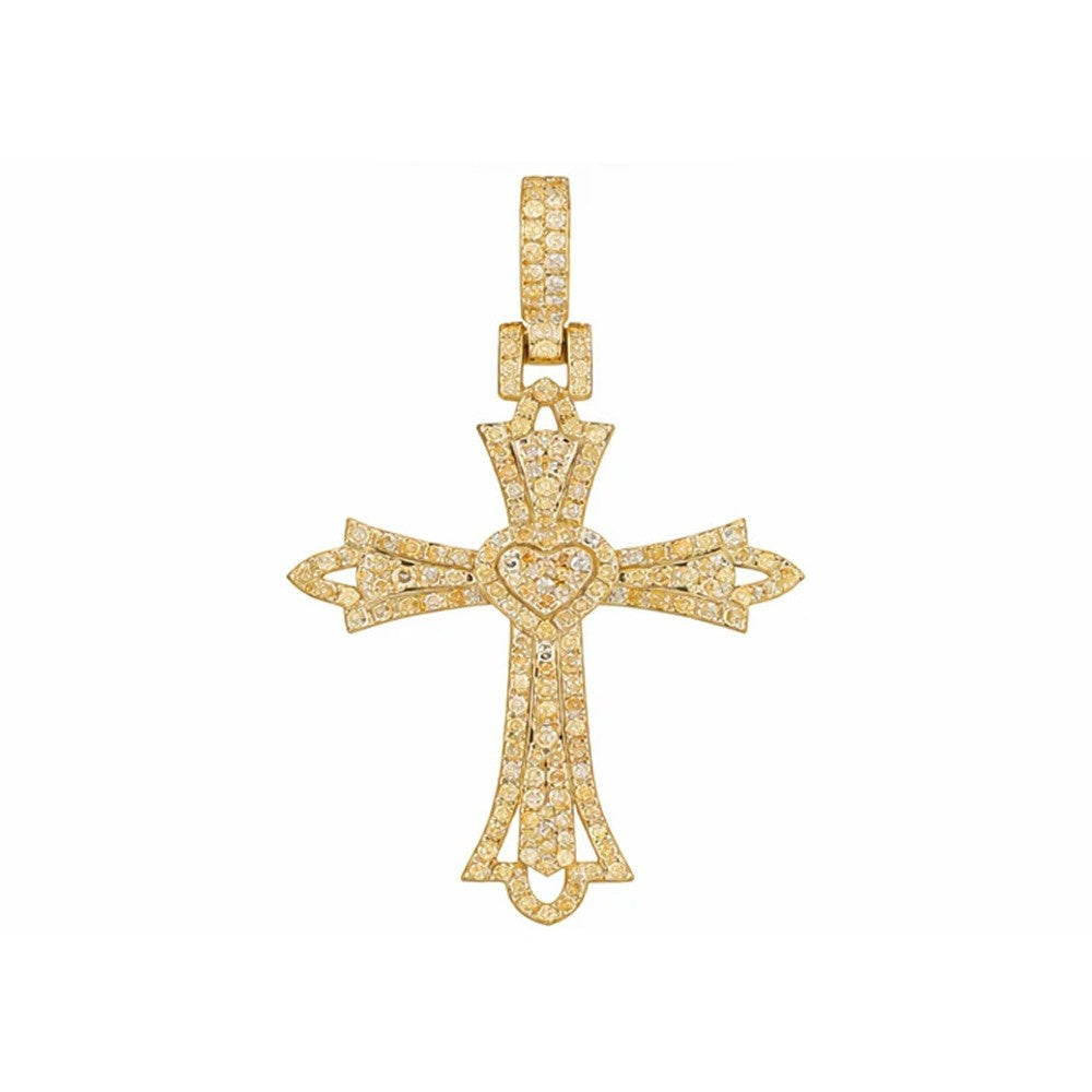 Ornate Heart-Center Diamond Cross Pendant – Sterling Silver