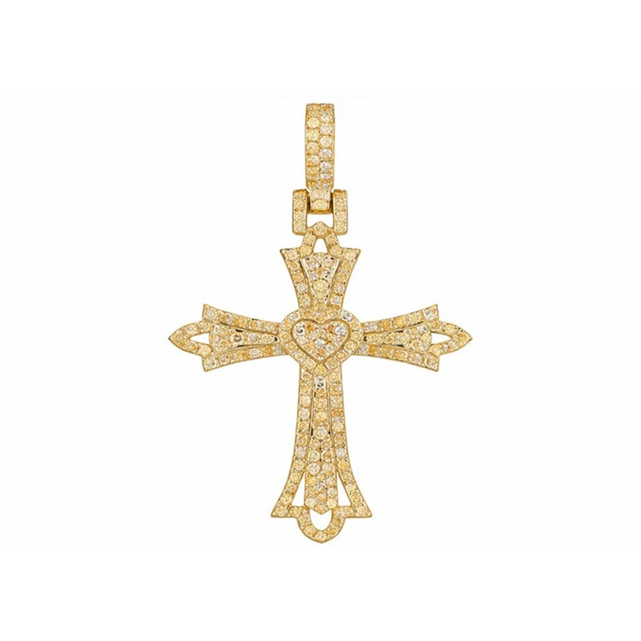 Ornate Heart-Center Diamond Cross Pendant – Sterling Silver