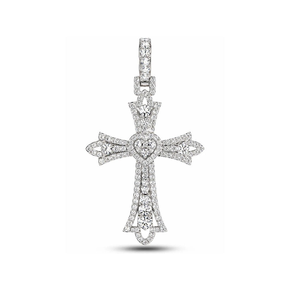 Ornate Heart-Center Diamond Cross Pendant Sterling Silver GLAM NYC