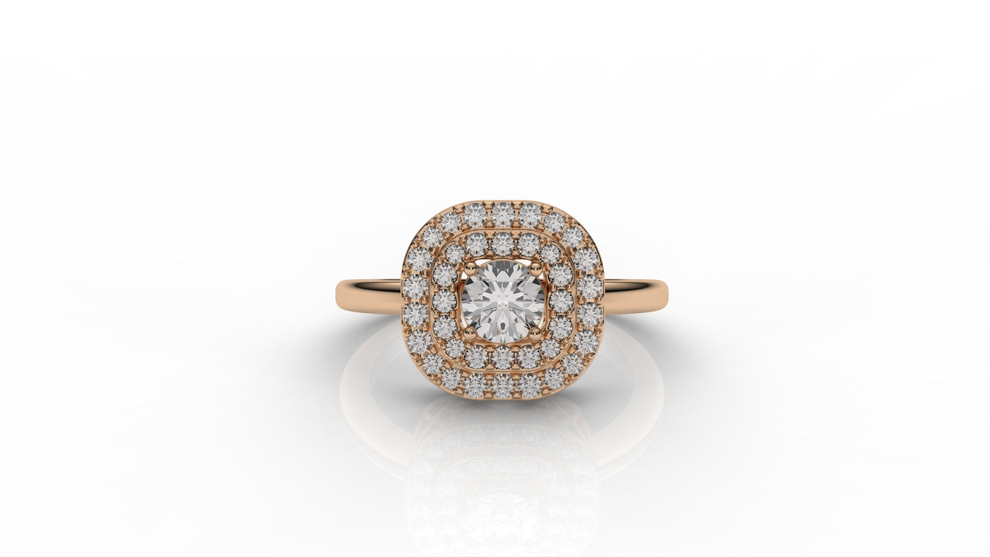 Rose gold ring with a diamond center and halo GLAM NYC