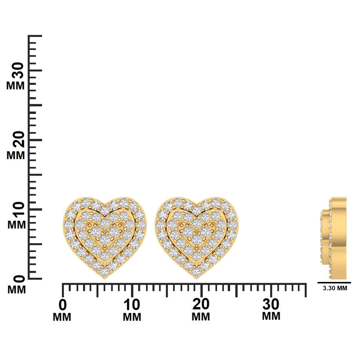 Gold heart-shaped earrings with embedded stones dimensions 